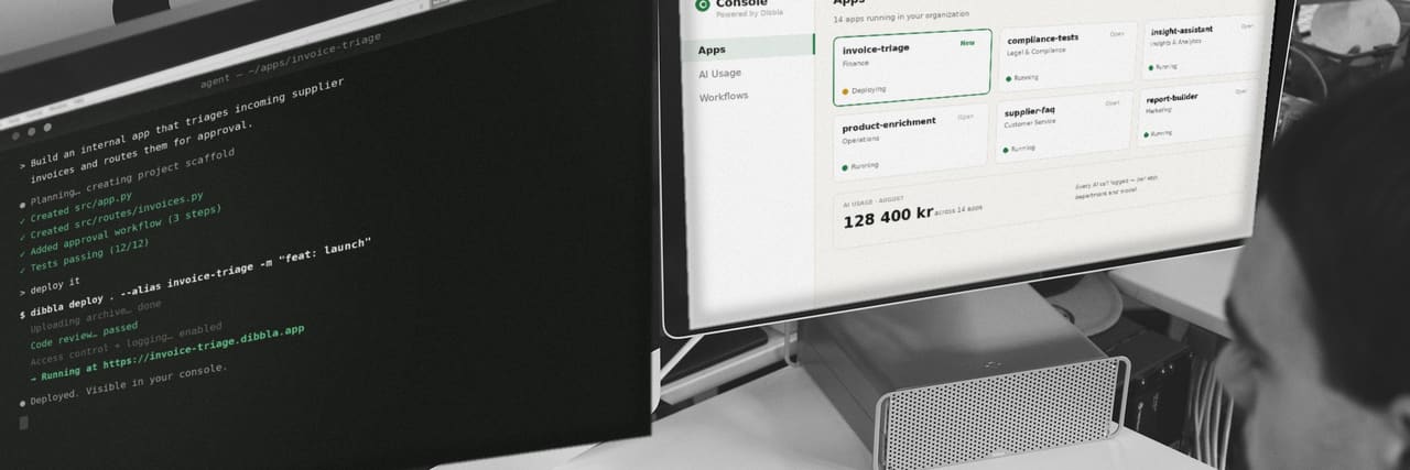 Developer building an app with an AI coding agent, deployed and governed in the Dibbla console
